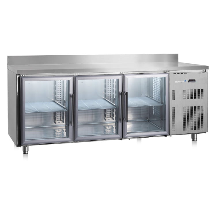 Marecos Softline Edelstahl Kühltisch 600mm tief mit 3 Glastüren und Aufkantung
