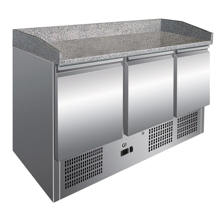 Gastro-Inox Edelstahl Kühltisch mit 3 Türen und Marmor-Arbeitsplatte, Umluftkühlung