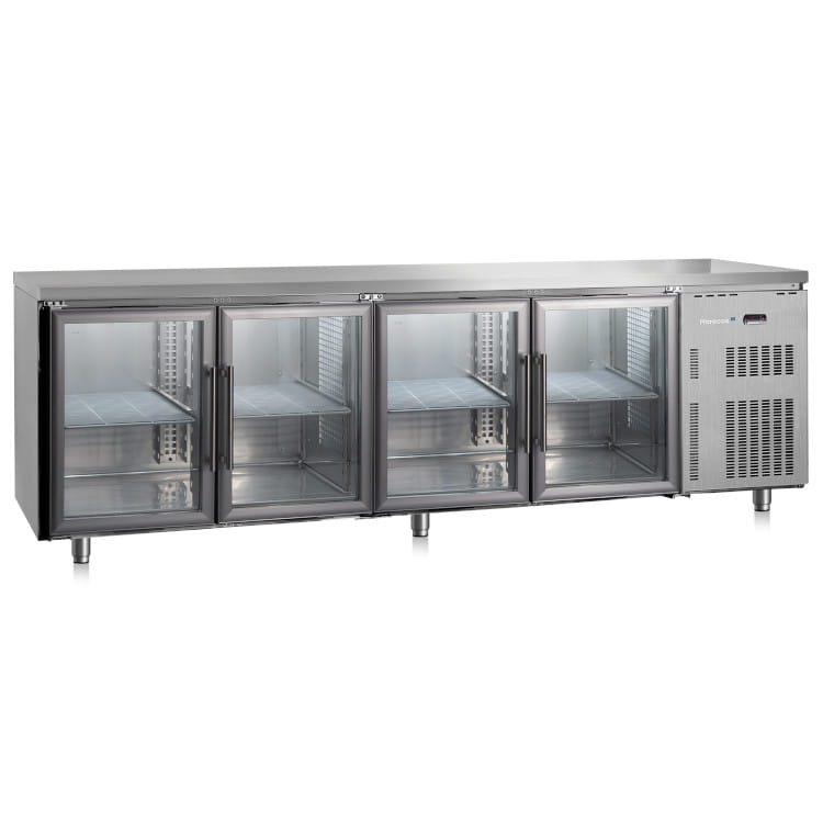 Marecos Softline Edelstahl Kühltisch 700mm tief mit 4 Glastüren und Aufkantung